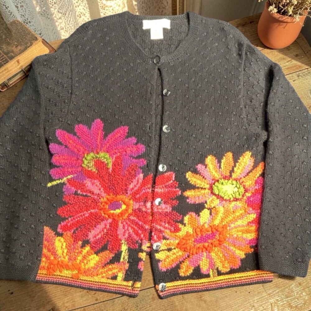 Susan Bristol Vintage 90s Knit Cardigan Flower Cottagecore Black Women's Medium
